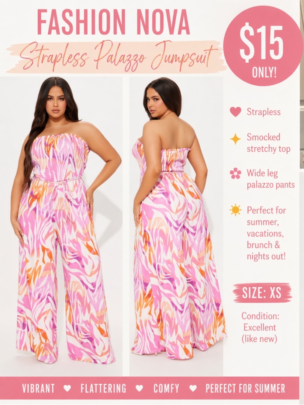 Fashion Nova Pink and Orange Strapless Jumpsuit with Palazzo Pants